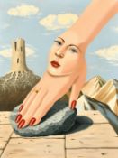 Manner of Magritte, A surrealist composition of a manicured hand and face, with the sky and a