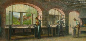 20th Century School, A scene of three figures working in a forge, oil on board, indistinctly signed,