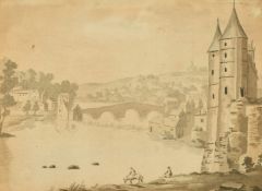 French School (c.1750) A view of the Ch teau de Josselin, Brittany, pen and ink, titled and