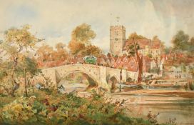 Sidney Paul Goodwin (1867-1944) British, figures and a carriage on a bridge with a town beyond,