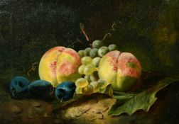 Circle of Crisp, A still life of two peaches, green grapes three plumbs, oil on canvas, 9