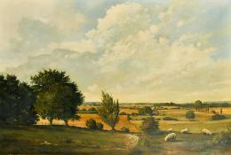 Anthony Wynne (20th Century) British, Sheep grazing in an extensive landscape, oil on canvas, 24