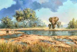 M.J. Leighton (21st Century) Elephants and a Warthog at a watering hole, oil on canvas, signed and