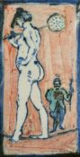 Eric James Mellon (1925-2014) British, nude female figure on a tightrope, painted stoneware, signed,