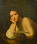 19th Century Continental School, a memento mori painting with a female figure, oil on panel, 11.5