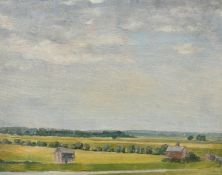 English School (20th Century) A pair of extensive landscape views with dwellings, trees and fields