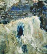 Circle of John Piper, A rushing weir, watercolour and gouache, indistinctly signed in pencil, 7