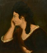 19th Century, Portrait of a side view of a lady, her hand on cheek and wearing a burgundy dress