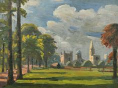 John Brown (20th Century) A tree lined avenue leading to a substantial country dwelling, oil on