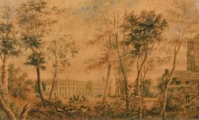 Circle of John Constable, Figures outside an extensive country house with deer in the foreground,