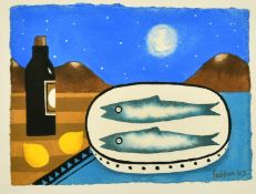 Mary Fedden (1915-2012) British, Still life with fish on a platter, lemons and a bottle,