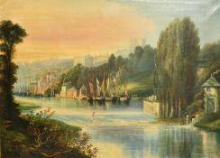 19th Century School, boats moored by a quay with a cathedral and town beyond, oil on canvas, 22