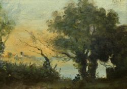 Follower of Corot, figure resting beneath a tree, oil on canvas, indistinctly signed, 5.5