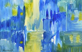 Manner of Lawrence James Isherwood (1917-1988) British, a view of buildings across a river,