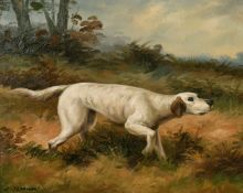C. Harrison (20/21st Century) A grey dog in a landscape and another lying on snow, oils on board,