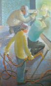 Mid-20th Century School, a scene of welders at work, acrylic on board, 84