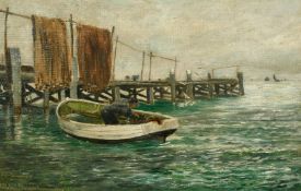 Early 20th Century, 'Swanage' A sailor in a boat next to a wooden jetty with nets drying on the