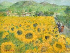 Christopher Clairmonte (1932-2012) British, A Cypriot sunflower field with figures on a track with