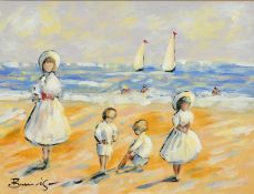 Walter John Beauvais (1942-1998) British, 'Children on the beach', gouache, signed, label verso,