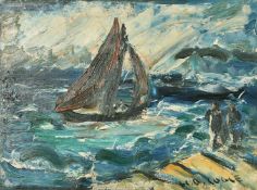 Henry George Cogle (1875-1957) British, A sailing boat in choppy seas with figures on the shore, oil