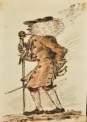 Circle of Thomas Rowlandson, A gentleman with a walking staff with a skull finial, ink and wash, 5.