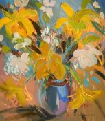 Irene Lesley Main (b 1959) A still life of yellow lilies, oil on board, signed and dated 1989, 14.5