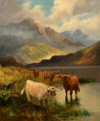 Charles .W. Oswold (19th Century) A Highland Loch scene with Highland Cattle, oil on canvas, signed,