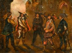 19th Century Continental School, a scene of cavaliers preparing for a duel, oil on canvas, 10.5