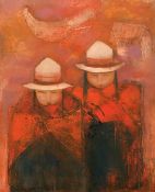 South American School, Two cloaked figures beneath a dove, oil on canvas, signed indistinctly, 19.