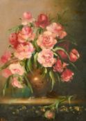 Circle of Irene Klestova, A still life of pink roses in a vase, oil on plywood, signed with