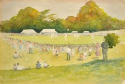 Circle of John Verney, A village cricket match, watercolour, 7.5