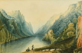 Circle of Francis Nicholson (1753-1844) Vale of Llangollen, watercolour with pen and ink,