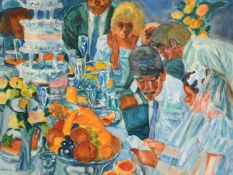 Hans Schwarz (1922-2003) Austria, 'Village Wedding Telegrams', watercolour, signed, 21.25