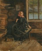Circle of Erskine Nicol, A lady spinning wool in a cottage interior, oil on unstretched canvas, 12.