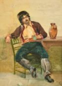 19th Century, A seated man playing cards, watercolour, initialled, 13.75