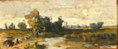 Feszty Arpad (1856-1914) Hungarian, a sketch of a river landscape, oil on board, signed verso, 4.75