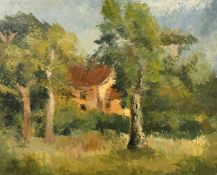 Attributed to Nancy Ewart, A view through the trees to the house, oil on canvas, 20