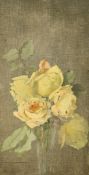 Circle of E. A. Walton, A spray of yellow roses in a glass vase, oil on canvas faced board, 12