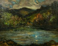 William Thornton Brocklebank (1882-1970) A landscape view across water to a treelined shore with