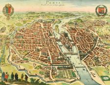 A map of Paris from a western prospect, early 17th Century, later hand coloured, with some old