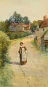 George Oyston, (1861-1937) A young woman on a country lane passing cottages, holding a basket,