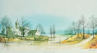 Ron Folland (1932-1999) British, 'River Hamlet', Houses by the river with moored boats, coloured