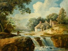 19th Century School, a view of an angler on a riverbank, oil on card laid down, 6
