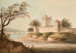 Attributed to William Payne (1760-1830) A riverside castle, watercolour with faint pencil, 9.75
