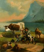 19th Century, possibly Swiss School, figures and livestock before a mountain lake, oil on canvas,