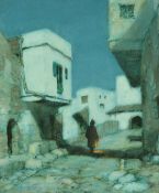 A. M. Foweraker, 'Moonlight Tangiers' A lone figure walking through buildings at night holding a