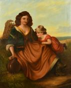 19th Century, Mother and child sitting near the seashore, oil on canvas, 30