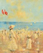 Walter John Beauvais (1942-1998) British, 'Ladies on the beach', oil on board, initialed, 9.5