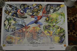 A colour poster Marvel Millennium Moments by John Estes, signed together with a film cell style