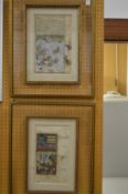 Two decorative Indian illuminated manuscript pages, framed and glazed.